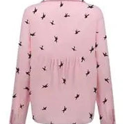 Camisa feminina de linho lapela de manga comprida  - Estampa pássaros