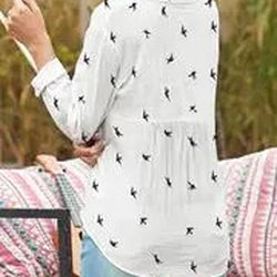 Camisa feminina de linho lapela de manga comprida  - Estampa pássaros