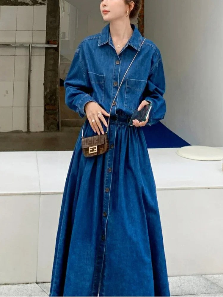 Vestido feminino longo jeans vintage azul